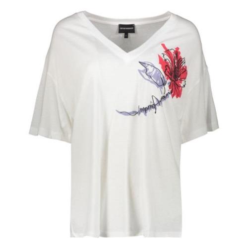 Bloemenprint T-shirt met Logo op de Rug Emporio Armani , White , Dames