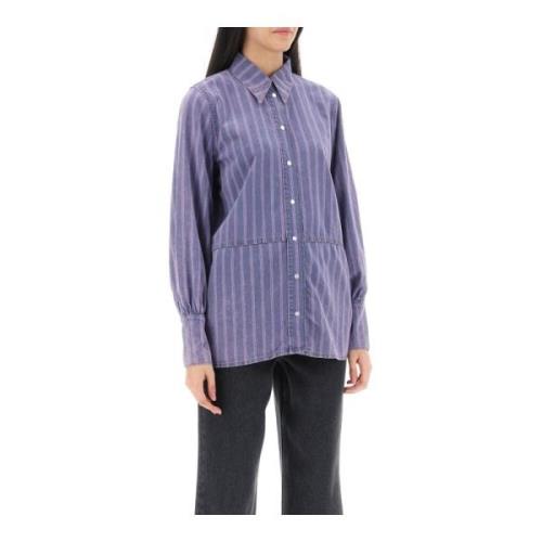 Gestreepte denim overhemd met Italiaanse kraag Ganni , Purple , Dames