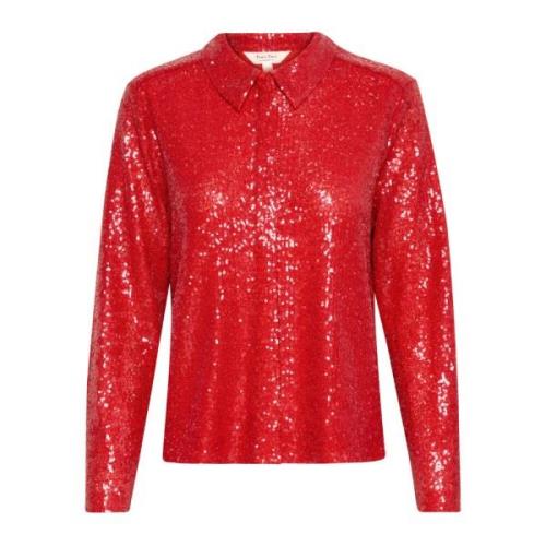 Pailletblouse met overhemdkraag Part Two , Red , Dames