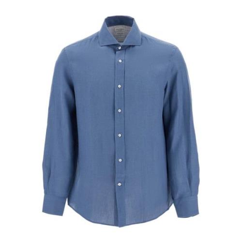 Comfortabele Hennepshirt met Franse Kraag Brunello Cucinelli , Blue , ...