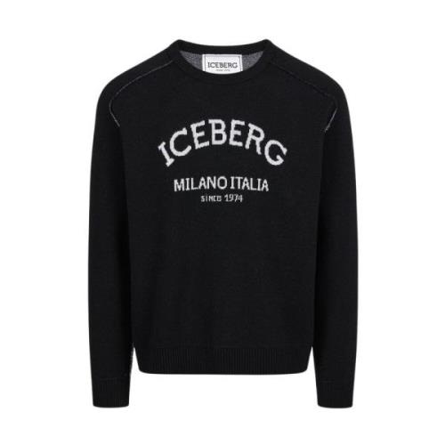 Trui met ronde hals en logo Iceberg , Black , Heren