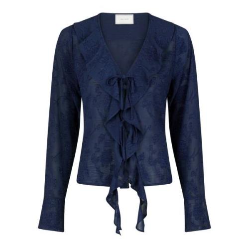 Navy Burnout Blouse met Ruffle Detail Neo Noir , Blue , Dames