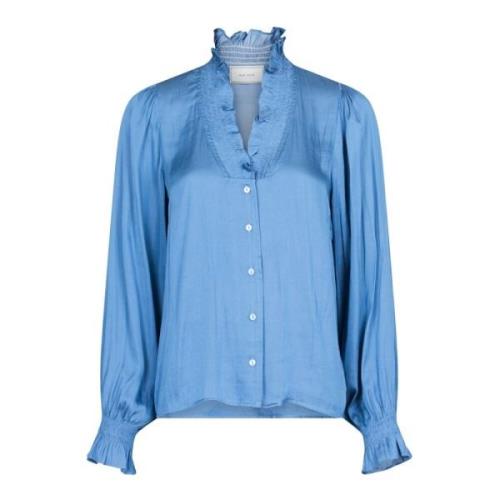 Satin Blouse met Smock Details Neo Noir , Blue , Dames