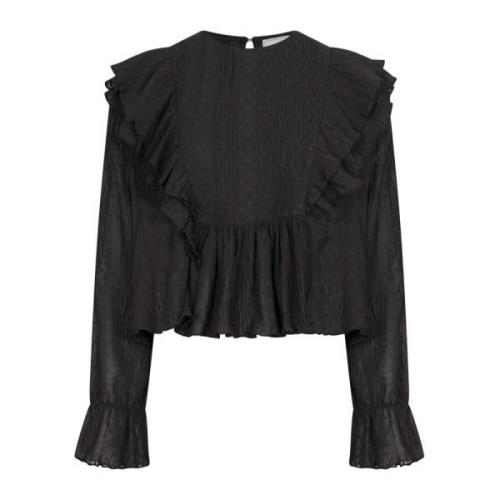 Plissé blouse met volume en ruche Neo Noir , Black , Dames