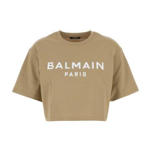 Stijlvol Beige Katoenen T-shirt Balmain , Beige , Dames