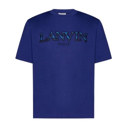 Blauw Katoenen Crewneck T-Shirt met Reliëf Logo Lanvin , Blue , Heren