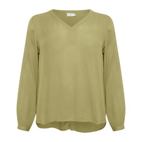 V-hals Lange Mouw Blouse in Mosstone Kaffe Curve , Green , Dames