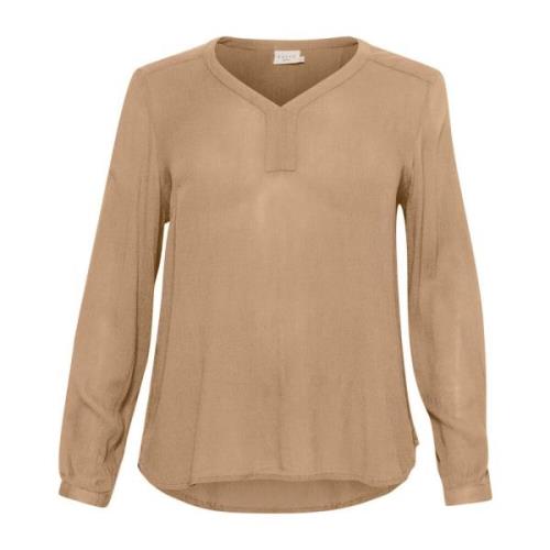 V-hals Lange Mouw Blouse Petrified Oak Kaffe Curve , Brown , Dames