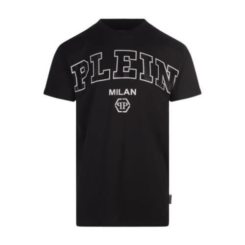 Zwart Crewneck T-shirt met Strass Logo Philipp Plein , Black , Heren