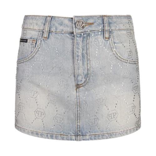 Blauwe Rhinestone Mini Denim Rok Philipp Plein , Blue , Dames