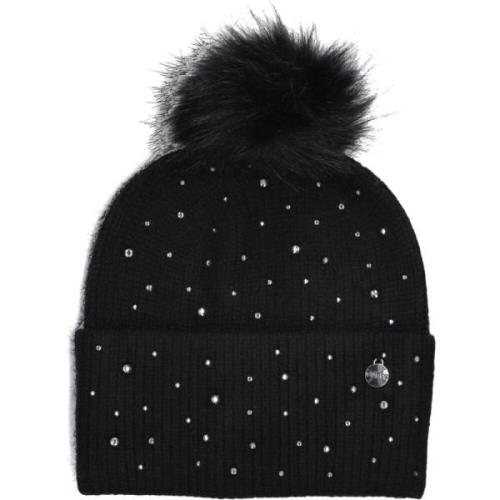 Zwarte Gebreide Beanie met Zilveren Stenen Guess , Black , Dames