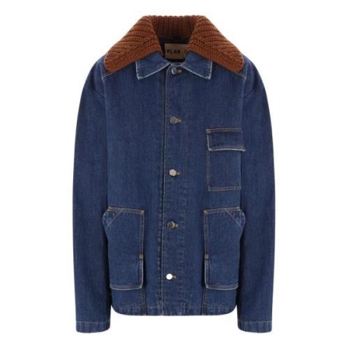 Blauwe Denim Gewatteerde Jas met Bruine Gebreide Kraag Plan C , Blue ,...