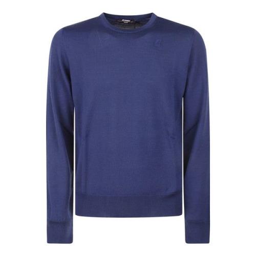 Blauwe Merino Sweater Girocollo Stijl K-Way , Blue , Heren