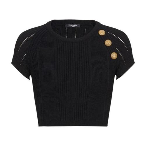 Zwarte Cropped Sweater met Gouden Knopen Balmain , Black , Dames