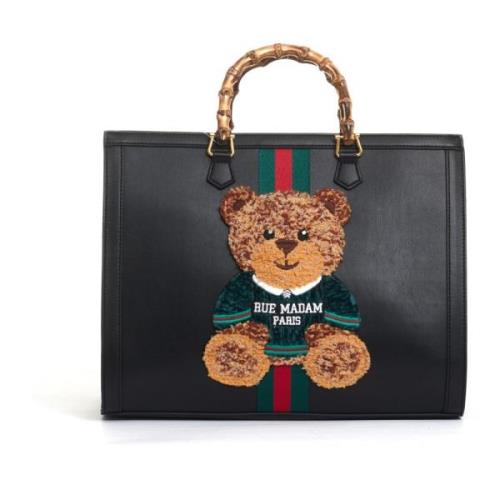 Zwarte Teddy Tote Tas met Schouderband Rue Madam , Black , Dames