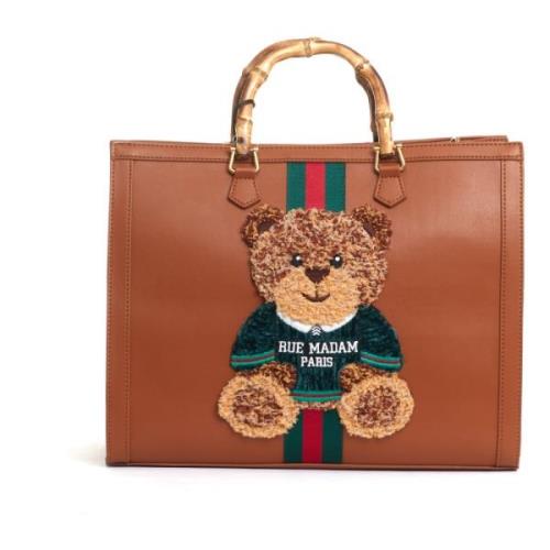 Grote leren tote tas met Teddy en schouderband Rue Madam , Brown , Dam...