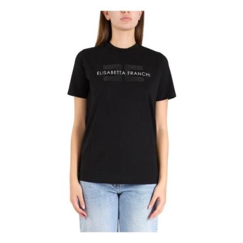 Jersey T-shirt met strass logo Elisabetta Franchi , Black , Dames