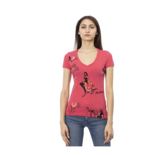 V-hals T-shirt met korte mouwen - Frontprint Trussardi , Pink , Dames