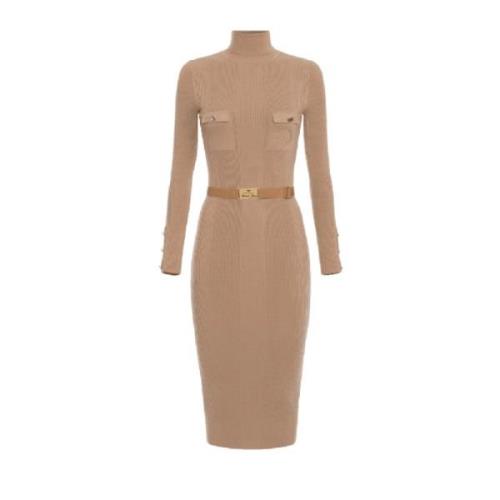 Kameel Gebreide Midi Jurk met Hoge Hals Elisabetta Franchi , Brown , D...