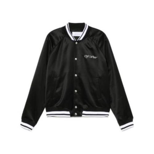 Satin Finish Bomber Jacket Off White , Black , Heren