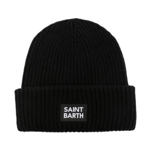 Zwarte Geribbelde Wollen Beanie met Logo MC2 Saint Barth , Black , Her...