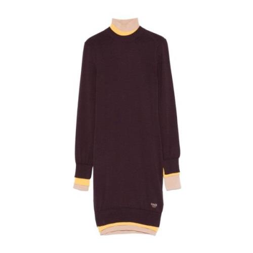 Aubergine Gebreide Gelaagde Jurk met Logo Fendi , Brown , Dames