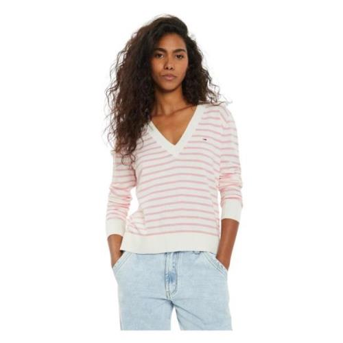 Witte V-hals Trui Lange Mouw Tommy Hilfiger , Multicolor , Dames