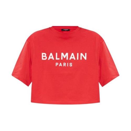 Rood Logo Print Crew Neck T-shirt Balmain , Red , Dames