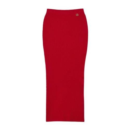 Robijnrode Geribbelde Gebreide Rok Twinset , Red , Dames