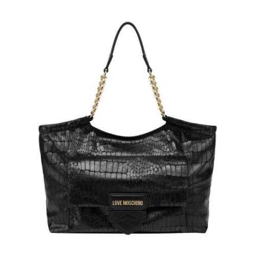 Zwarte Croco Shopper Tas met Gouden Logo Love Moschino , Black , Dames