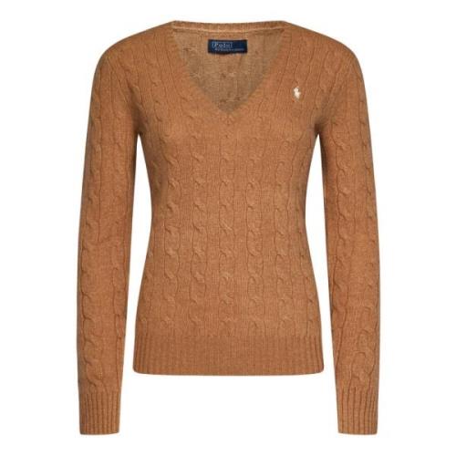 Stijlvolle V-Hals Trui met Kabelbreisel Polo Ralph Lauren , Brown , Da...