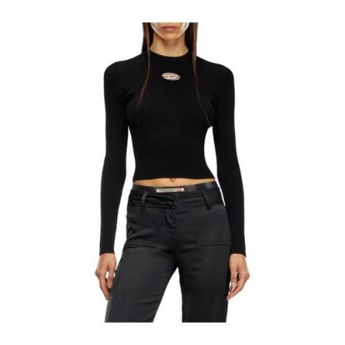 Zwarte Ribgebreide Top met Ovaal D-detail Diesel , Black , Dames