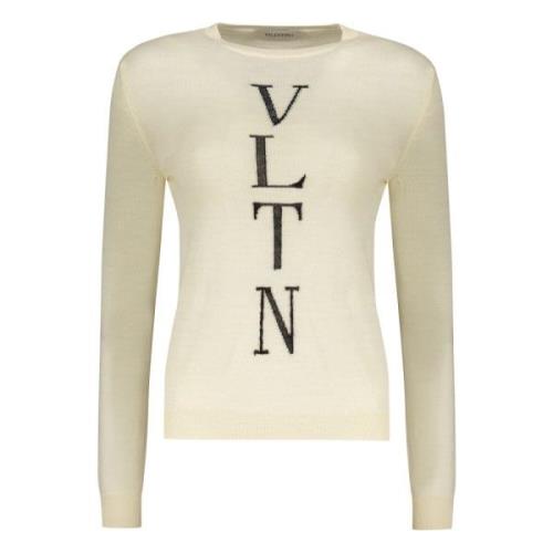 Geribbelde crew-neck wollen trui met logo Valentino , Beige , Dames