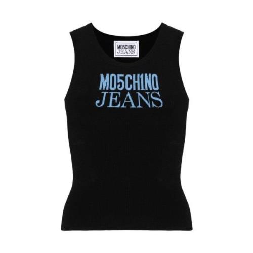 Zwarte Gebreide Mouwloze Trui met Logo Moschino , Black , Dames