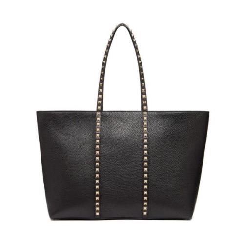 Zwarte Gehamerde Leren Tote Tas met Platina Studs Valentino Garavani ,...