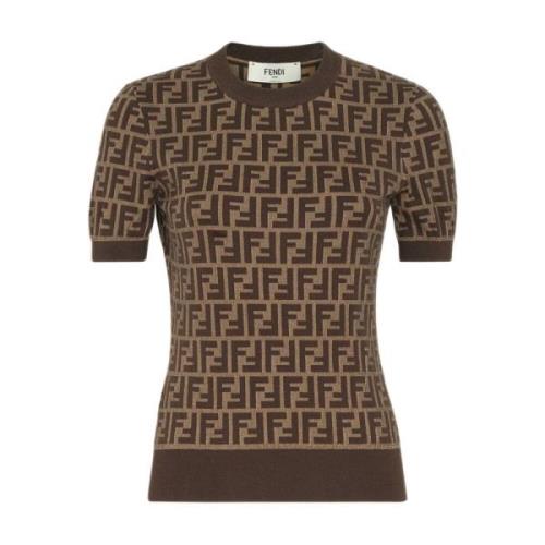 Bruine Jacquard Gebreide Crew Neck Sweater Fendi , Brown , Dames