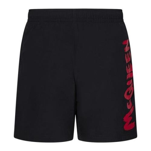 Zwarte zwemshorts met rood logo Alexander McQueen , Black , Heren