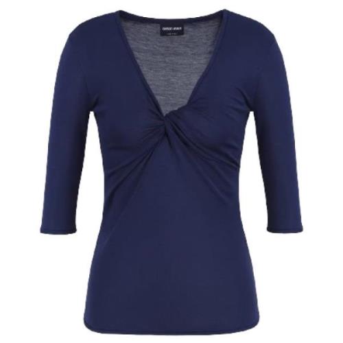 Blauwe V-hals Torchon Sweater Giorgio Armani , Blue , Dames