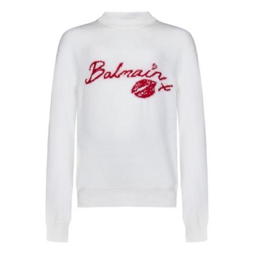 Witte Gebreide Crewneck Sweater met Logo Balmain , White , Heren