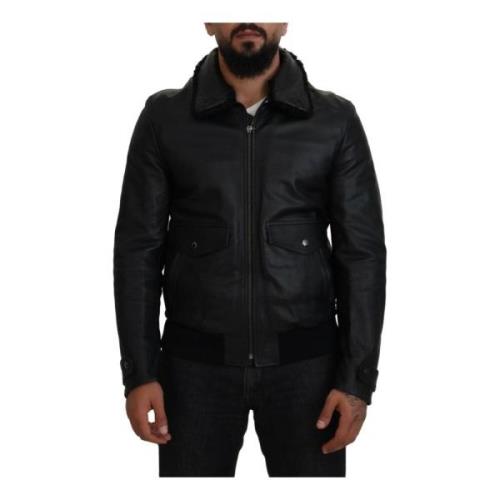 Zwarte leren bomberjack met shearling kraag Dolce & Gabbana , Black , ...