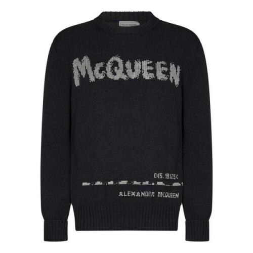 Zwarte Crewneck Sweater met Grijs Logo Alexander McQueen , Black , Her...