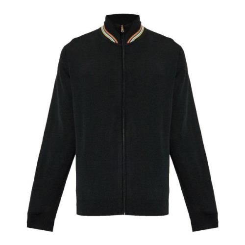 Merino Zip Cardigan Zwart Strepen Hoge hals Paul Smith , Black , Heren