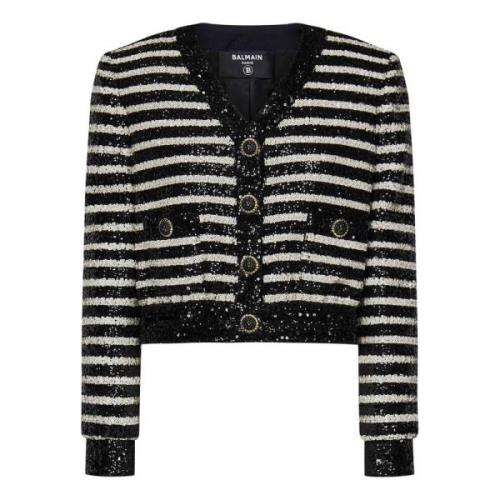 Gestreepte Korte Jas Zwart Pailletten Balmain , Black , Dames