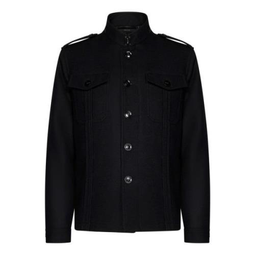 Zwarte wollen jas met leren details Tom Ford , Black , Heren