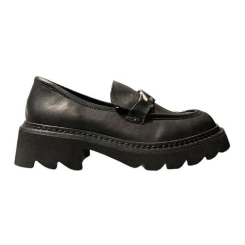 Zwarte leren mocassin met metalen logo Paciotti , Black , Dames