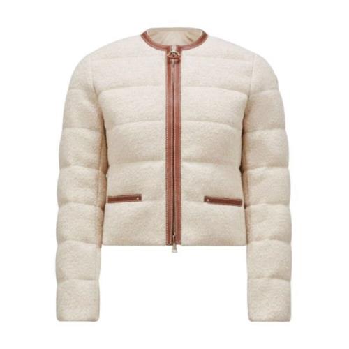 Beige Kort Donsjack met Leren Afwerking Moncler , Brown , Dames