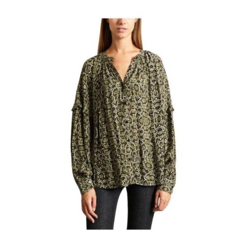 Khaki Snakeskin Blouse met Ruffle Mouwen Essentiel Antwerp , Brown , D...