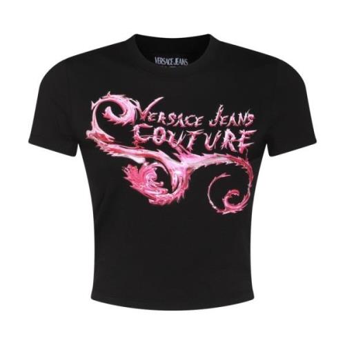 Zwart Katoenen Logo Print T-shirt Versace Jeans Couture , Black , Dame...