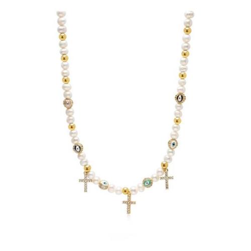 Men's Cross Pearl Choker with Evil Eyes Nialaya , Yellow , Heren