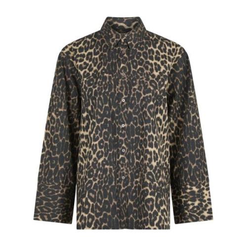 Luipaardprint Shirt met Lange Mouwen Neo Noir , Brown , Dames